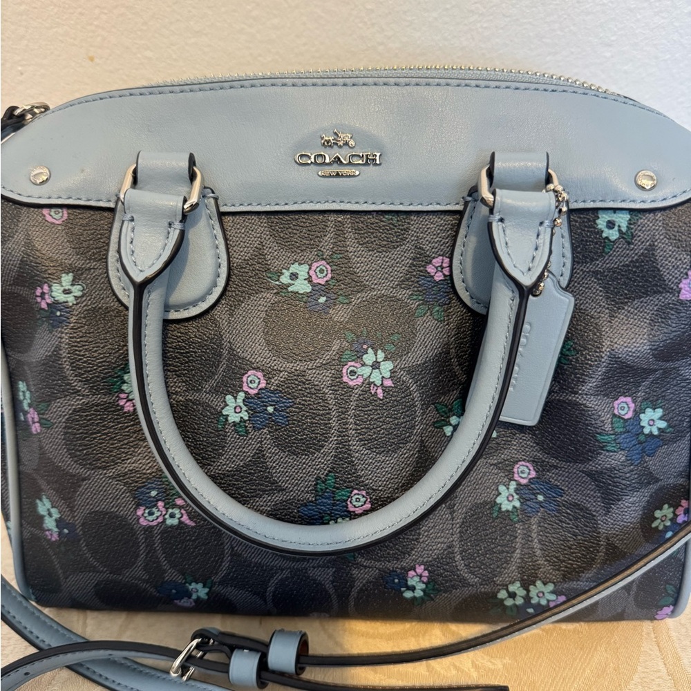 Coach Floral Signature Satchel in Black with Light Blue Trim